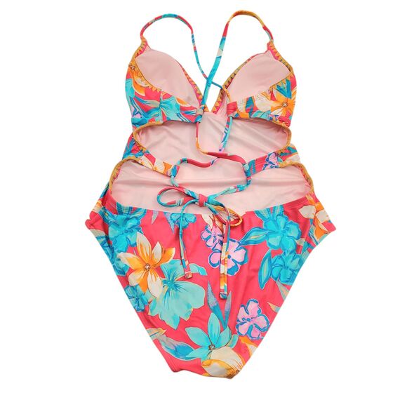 Cupshe Swimsuit Womens XL Pink Tropical Print Lace Up One-Piece Travel Beach - Picture 3 of 11